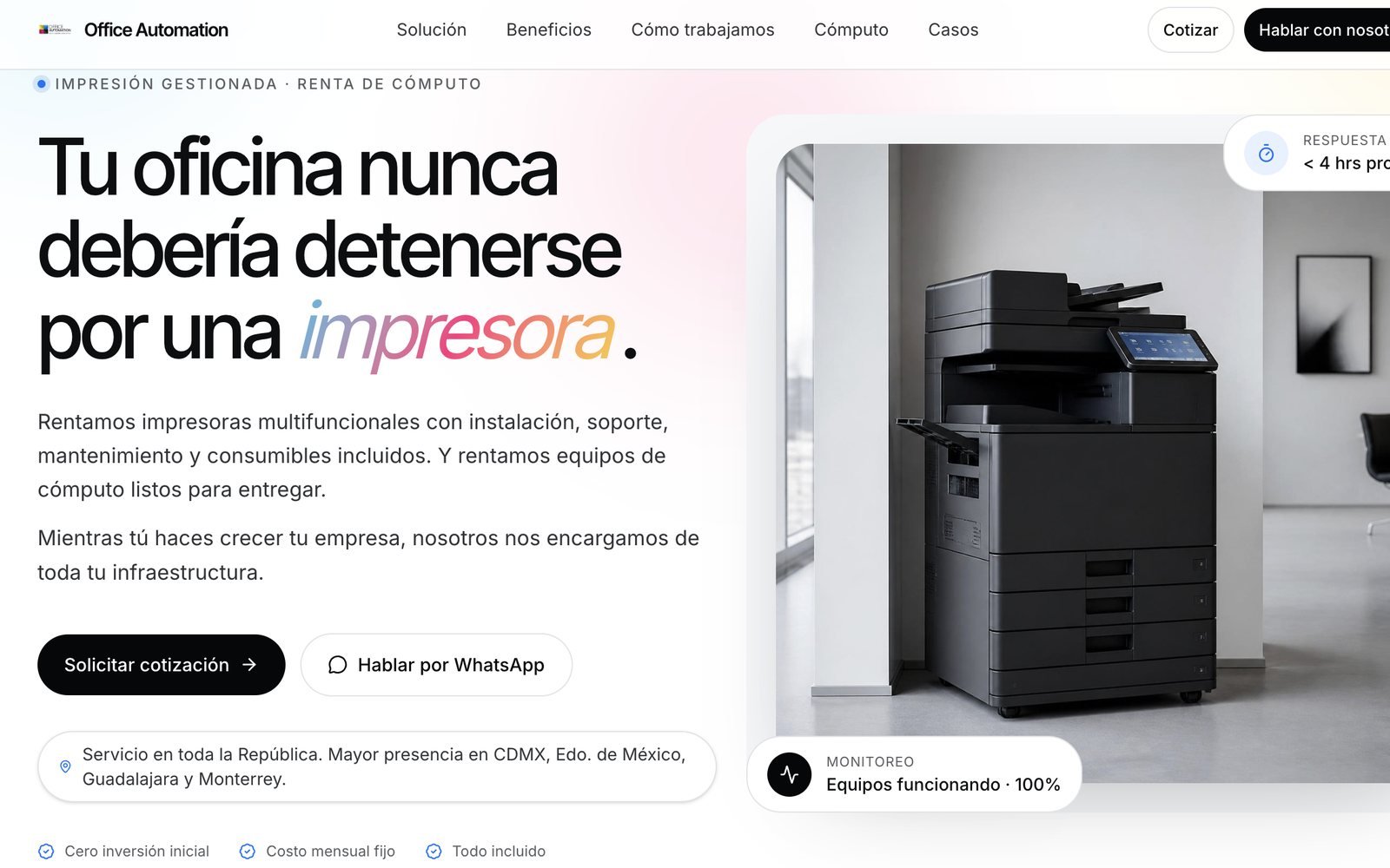 Web de Office Automation, renta de impresoras y cómputo, diseñada por REHAZ